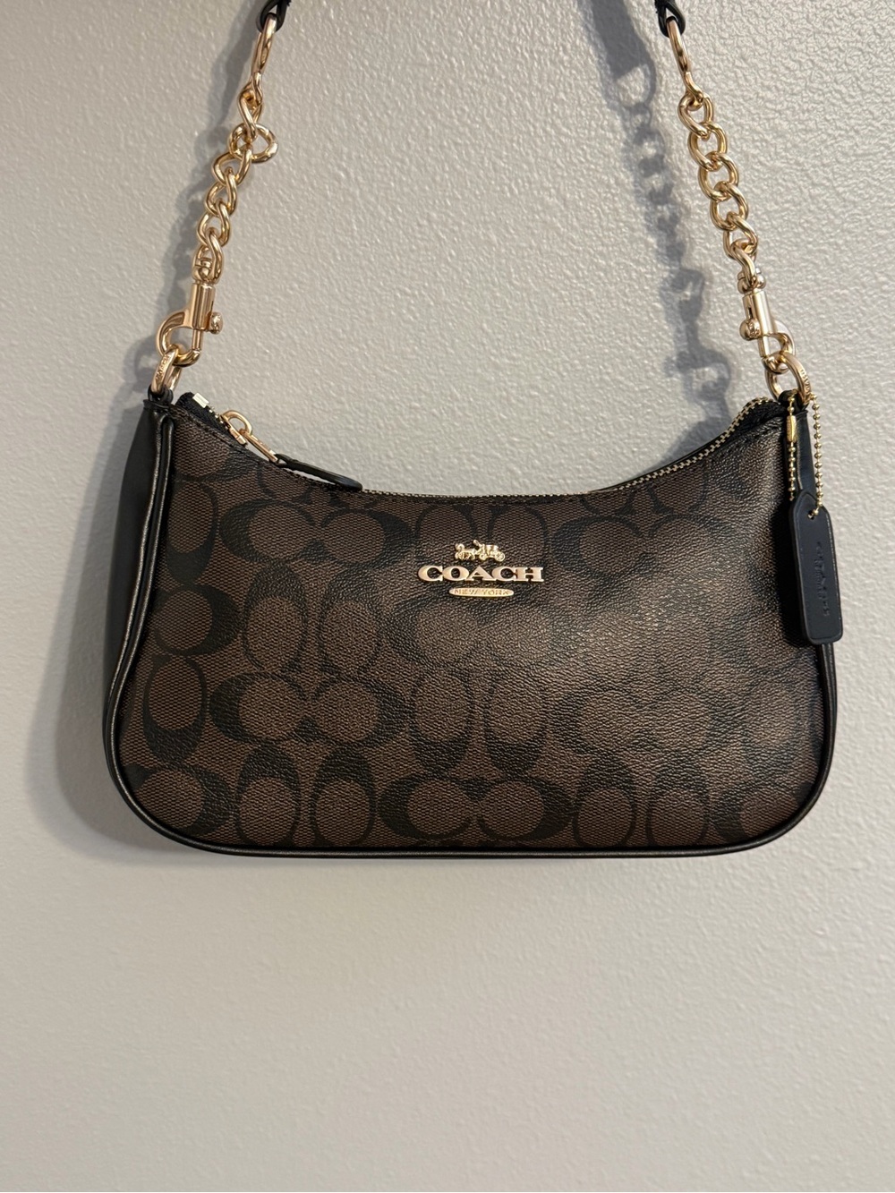 Coach Brown Signature Canvas Shoulder Bag with Gold Hardware